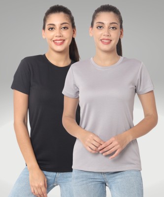 UNIFringe Solid Women Crew Neck Black, Grey T-Shirt