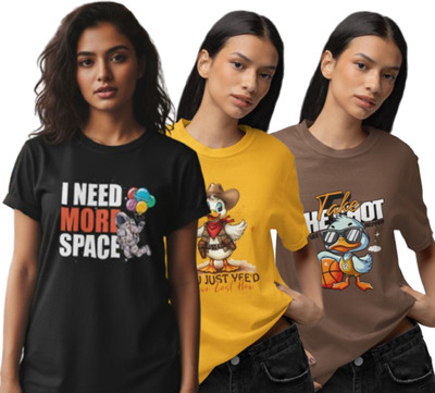 Stylewill Graphic Print Women Round Neck Black, Yellow, Brown T-Shirt