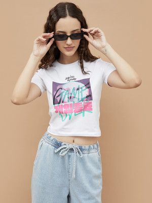Ginger by Lifestyle Printed Women Round Neck White T-Shirt