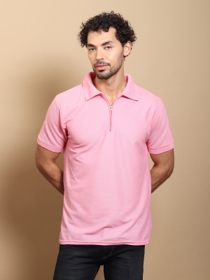 DOKCHAN Solid Men Zip Neck Pink T-Shirt