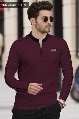 TRIPR Solid Men Mandarin Collar Maroon, Black T-Shirt