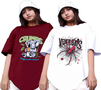 R S Fashion Printed Women Round Neck Maroon, White T-Shirt