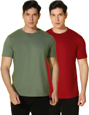 WOOSTRO Solid Men Round Neck Green, Red T-Shirt