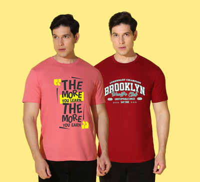 WOOSTRO Printed Men Round Neck Pink, Red T-Shirt