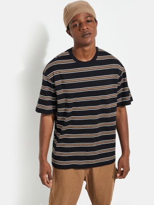 MAX Striped Men Round Neck Black T-Shirt