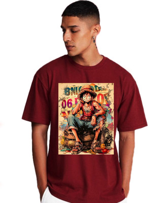 DRIZZLE CLICKS Printed, Typography Men Round Neck Maroon T-Shirt