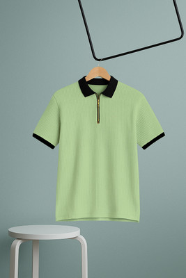 NB NICKY BOY Self Design Men Zip Neck Green T-Shirt