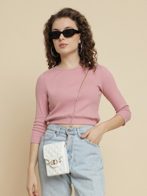 Tenacity Solid Women Round Neck Pink T-Shirt