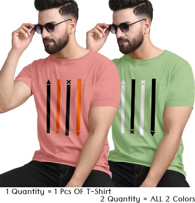 KAJARU Printed Men Round Neck Pink, Green T-Shirt