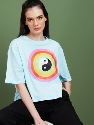 Globus Printed Women Round Neck Blue T-Shirt