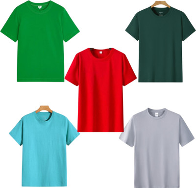 TTFE Solid Men Round Neck Light Blue, Light Green, Red, Silver, Dark Green T-Shirt