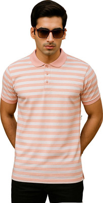 cnw Striped Men Polo Neck Pink, White T-Shirt
