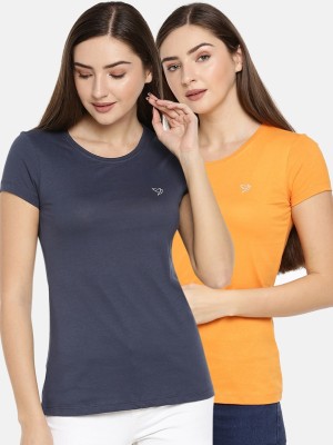 TWIN BIRDS Solid Women Round Neck Blue, Yellow T-Shirt