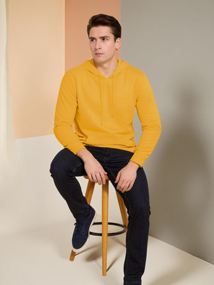 FRISKERS Solid Men Hooded Neck Gold T-Shirt