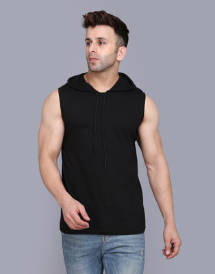 SLOWLORIS Solid Men Hooded Neck Black T-Shirt