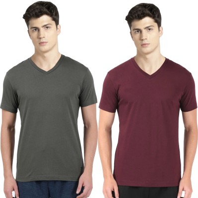 JOCKEY Solid Men V Neck Dark Green, Maroon T-Shirt