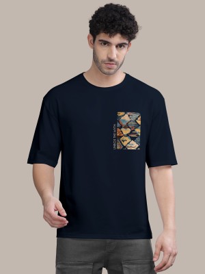 Bullmer Printed, Typography Men Round Neck Navy Blue T-Shirt