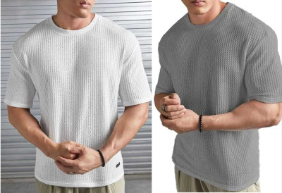 BOOM BAAM Self Design Men Round Neck Grey, White T-Shirt