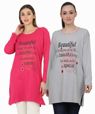 Ddaspration Printed Women Round Neck Pink, Grey T-Shirt