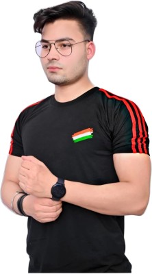Shri Krishna Embroidered, Sporty, Printed, Military Camouflage Men Round Neck Black, Red T-Shirt
