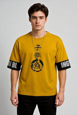 Autna Printed Men Round Neck Yellow, Black T-Shirt