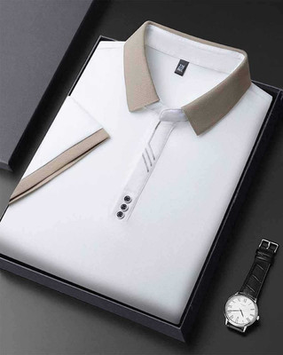 GELAI ENTERPRISE Solid, Self Design, Striped, Embroidered Men Polo Neck White T-Shirt