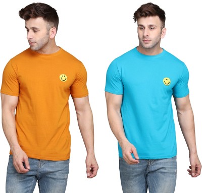 Money Leaf Solid Men Round Neck Light Blue, Yellow T-Shirt