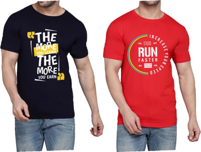 WOOSTRO Printed Men Round Neck Dark Blue, Red T-Shirt
