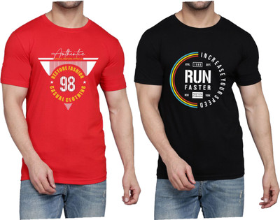 WOOSTRO Printed Men Round Neck Black, Red T-Shirt