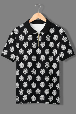 Conway Polka Print Men Zip Neck Black, White T-Shirt