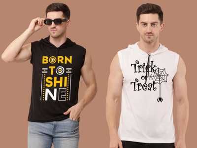 Mundali Printed Men Hooded Neck Black, White T-Shirt