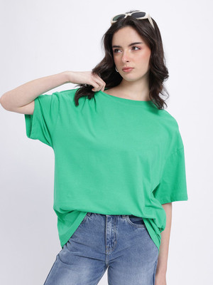 Glitchez Solid Women Round Neck Green T-Shirt