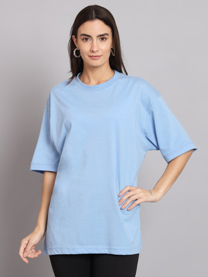 Stockton Solid Women Round Neck Light Blue T-Shirt