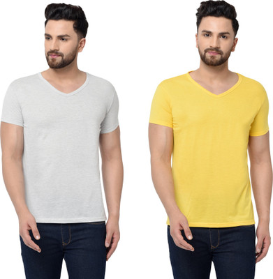 Tresna Trendy Solid Men V Neck Grey, Yellow T-Shirt