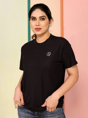 Moda Rapido Solid Women Round Neck Black T-Shirt