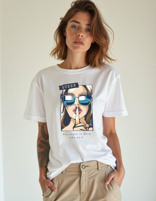KMBCO Printed Women Round Neck White T-Shirt