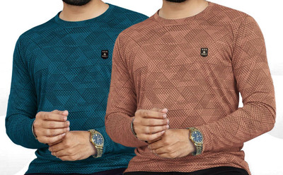 AVOLT Printed Men Round Neck Dark Blue, Brown T-Shirt