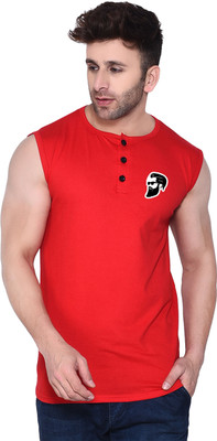 GEUM Graphic Print Men Henley Neck Red T-Shirt