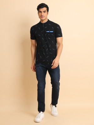 BERRYBLUES Printed Men Mandarin Collar Black, Light Blue, Grey T-Shirt