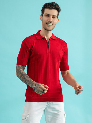 CHKOKKO Self Design Men Polo Neck Red T-Shirt