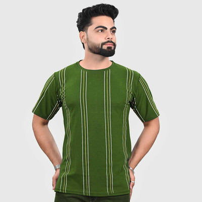 KASPY Striped Men Round Neck Dark Green T-Shirt