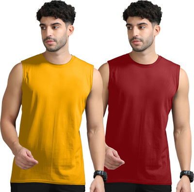 Adorbs Solid Men Round Neck Yellow, Maroon T-Shirt