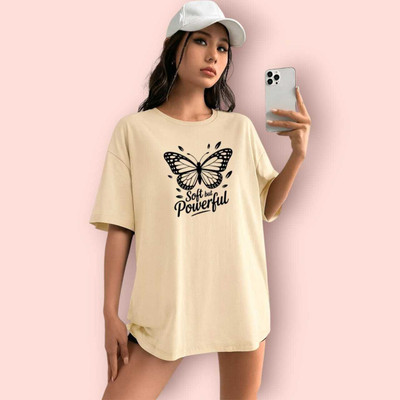 Stylicity Printed Women Round Neck Beige T-Shirt