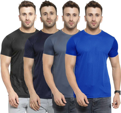 TQH Solid Men Round Neck Dark Blue, Blue, Black, Grey T-Shirt