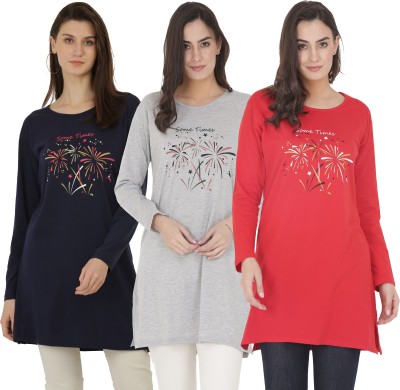 RRAVAYKI Printed Women Round Neck Navy Blue, Grey, Red T-Shirt