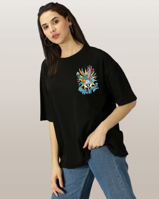 Parona Printed Women Round Neck Black T-Shirt