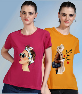 LeeBurg Printed Women Round Neck Pink, Yellow T-Shirt