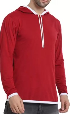 R RIDACHY Solid Men Hooded Neck Maroon T-Shirt