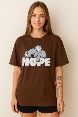 AdvibaFashion Graphic Print Women Round Neck Brown T-Shirt