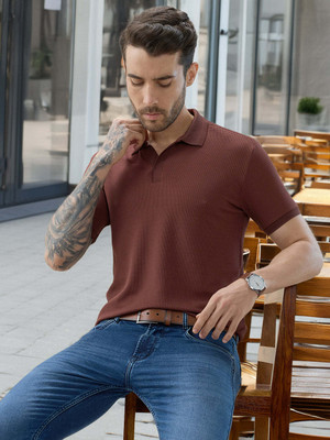 Status Quo Self Design Men Polo Neck Brown T-Shirt